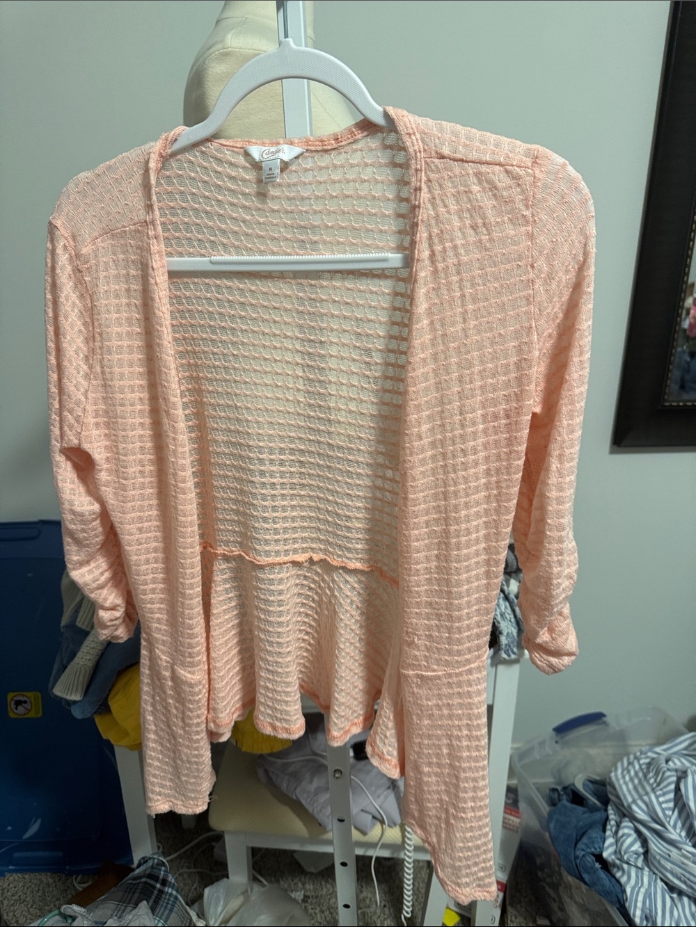 Candie's Peach Waffle Knit Open-Front Cardigan